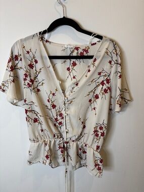 Sienna Sky-Floral V-Neck Peplum Blouse - Cream with Red Floral Print